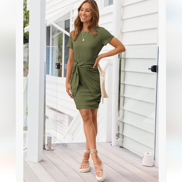 Lillusory Ruched Tee Shirt Tie Waist Dress Green XL - Picture 14 of 14